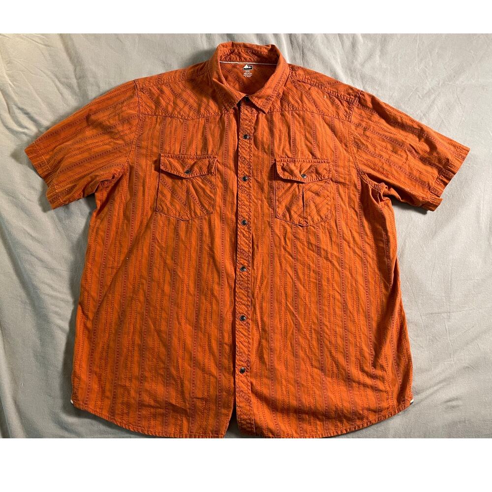 REI Orange Short Sleeve Striped Metal Snap buttons SZ XXL